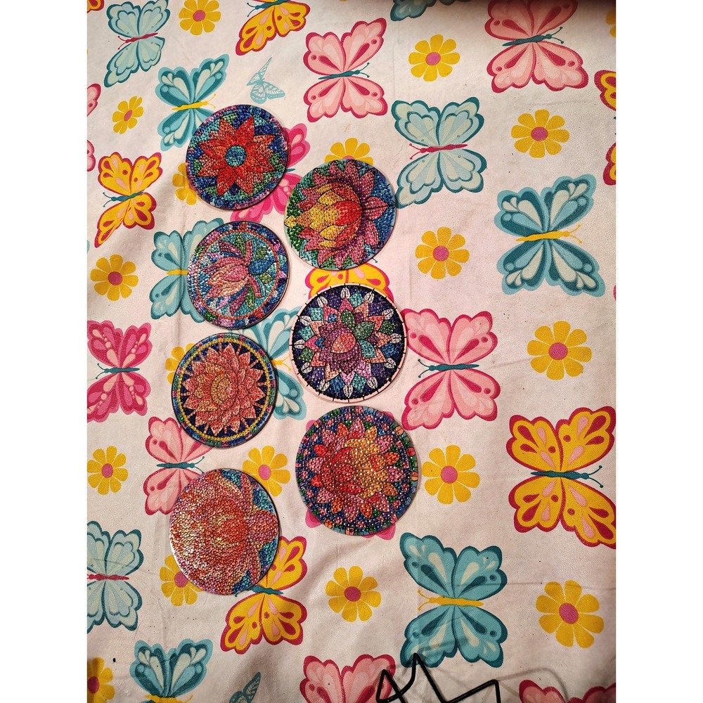 Round Multicolor Mandala Floral Coaster Set, 6pc w/ Metal Holder Rack